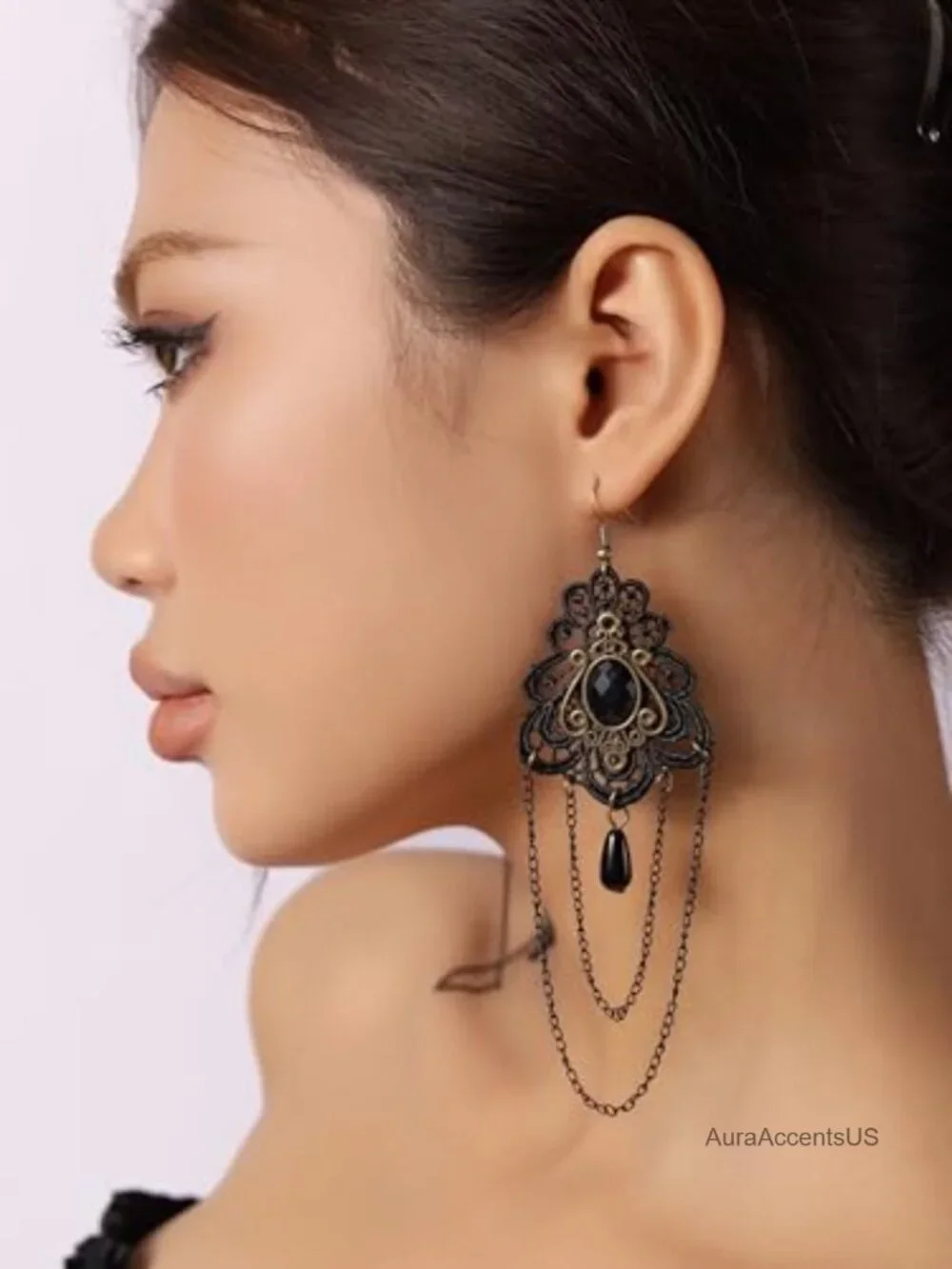 Gothic Victorian Black Floral Lace Teardrop Statement Earrings Drop Dangle